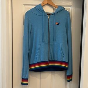 Aviator Nation Blue Hoodie with Rainbow Accents